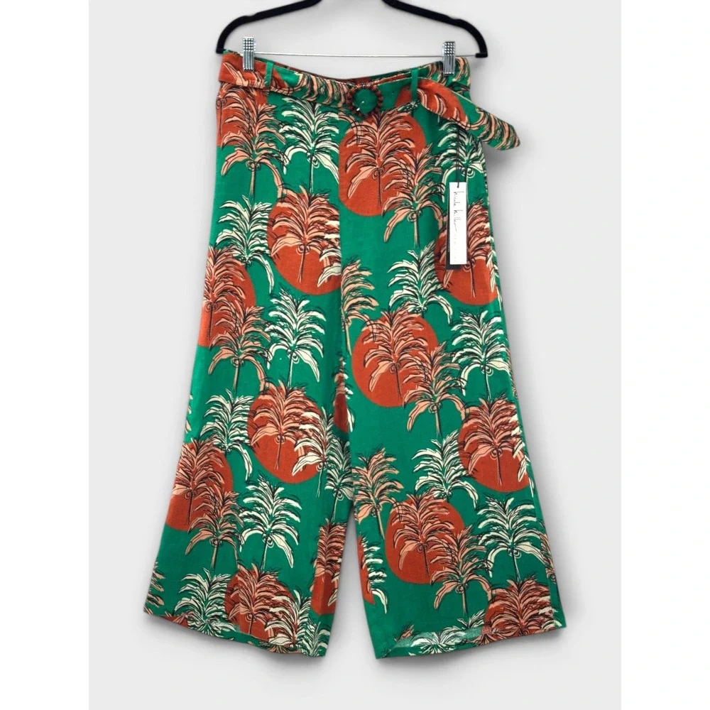 Nicole Miller Linen Pants Tropical Print Wide Leg Belted Large Resort Vacation - Picture 1 of 13